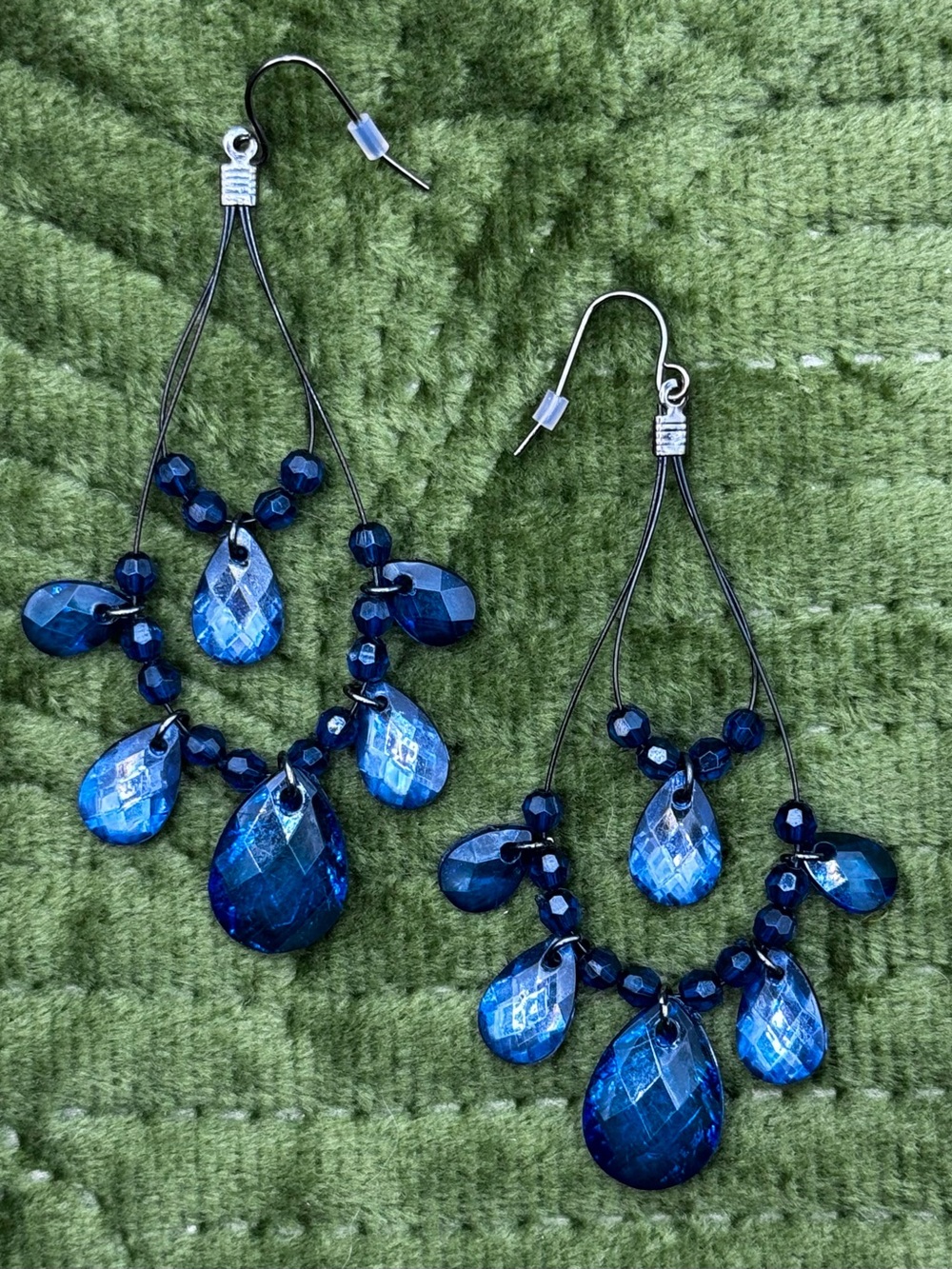 Earrings Blue Crystal Faceted Teardrop Chandelier with Silver Accents